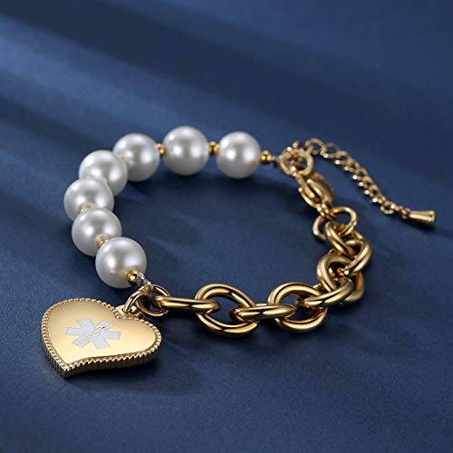 Mnmoom Elegant Imitation Pearl Beaded With Heart Medical Alert Charm Medical Id Bracelets For Women Gold Coumadin Bracelet #TOP1