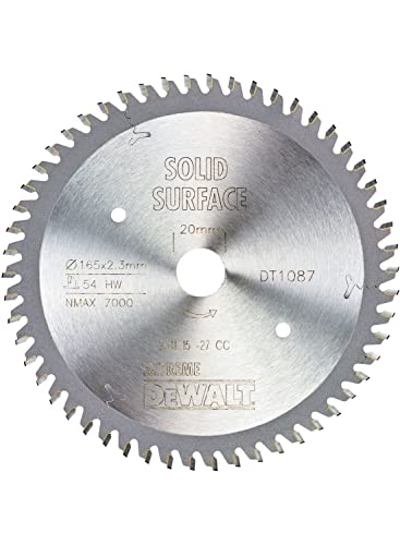 DEWALT Extreme Kreissägeblatt DT1087 (für Tauchkreissägen, Sägeblatt-ø 165/20 mm, Schnittbreite: 2,3 mm, 54 Zähne, Zahngeometrie: Trapez-Flachzahn, Zahnwinkel: 0°, für extra feine Schnitte) 1 Stück