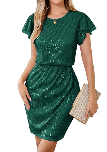 GRACE KARIN Elastic Waist Short Ruffle Sleeve Sequin Dress for Women 2024 Formal Cocktail Evening Party Dress Green 2XL