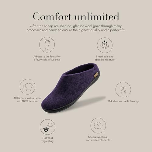 Image of Glerups 100% quality wool mix Slipper with rubber sole - Unisex Slip-on - Purple (Black rubber)
