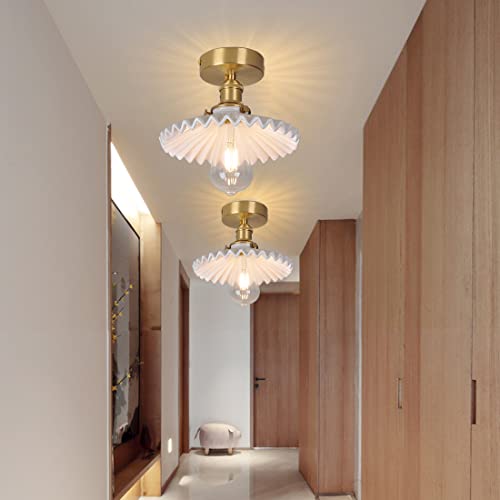 Auwieou Brass Semi Flush Mount Ceiling Light Bedroom Flush Mount Ceiling Light White Modern Semi Flush Mount Ceiling Lighting Fixture With Scalloped Ceramics Shade For Dining Room Bedside Kitchen #TOP5