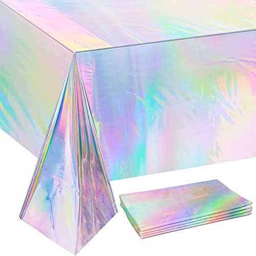 OHOME 4 Pack Iridescence Plastic Tablecloths Disposable Galentines Day Decorations New Years Birthday Disco Bachelorette Bridal Wedding Rainbow Iridescent Party Decorations 54" x 108" by OHOME - Used condition - US$7.16