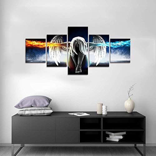 5 Panels Canvas Wall Art Fire And Ice Angel Wings Of Contemporary Girl Painting Abstract Woman Pictures Posters And Prints Artwork Decor For Living Room Bedroom Office Framed Easy To Hang (50"Wx24"H) #TOP2