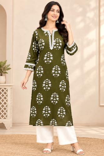 Image of Women's Cotton Floral Printed V-Neck A-Line Kurta /Regular Fit Kurti-3 /4 Sleeve