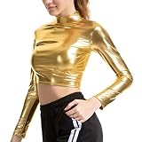 IEFIEL Crop Top Manga Larga de Danza para Mujer Camiseta Brillante Elástico de Gimnasia Ritmica Disfraz Bailarina Mujer...