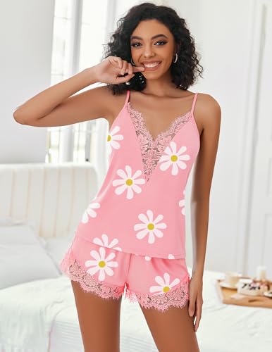 Image of Avidlove Women Pajama Set Lace Trim Short PJ Set Modal V Neck Sleeveless Sleepwear Drawstring Waist Nightwear S-XXL