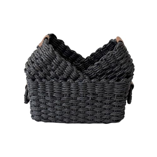 QINGTUHONE Woven Paper Rope Wicker Basket for Organizing(Set of 3,Black)