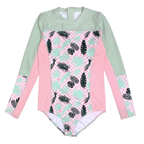 Swimzip Girl Surf Suit Upf 50+ 1 Piece Long Sleeve Body Suit | Pink Palm - 12-14 #TOP16
