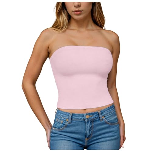 Womens Fashion Tube Tops Solid Color Sexy Corsets Sleeveless Cropped Top Slim Strapless Casual Elastic Skinny Shirts Pink Large
