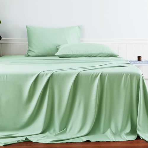 Bamboo Viscose Flat Sheets Only, Sateen Weave Full Size Flat Sheet Only, Luxury Soft Cooling for Hot Sleepers, Silky Breathable (Sage Gree, Full)