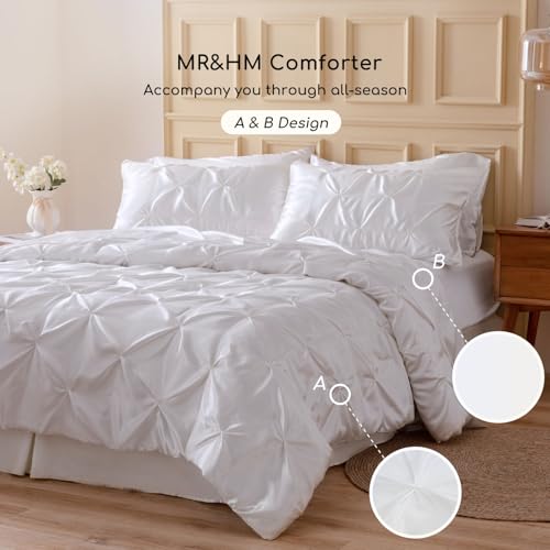 MR&HM Satin Comforter Full 7 Pieces - Luxurious Pinch Pleat Bedding Set with Comforter, Flat Sheet, Fitted Sheet, Pillowcases & Shams, Super Silky Soft Bed Set for All Season (Full, White)