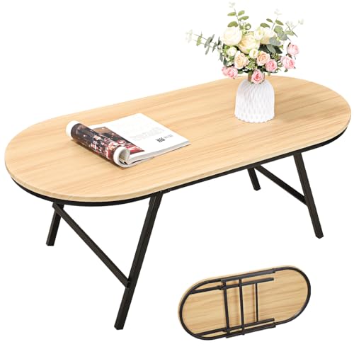 FEUFOAM Table basse pliable ovale en bois naturel sans assemblage, table de sol portable pour s'asseoir sur le sol, tables basses pour petits espaces, salon,...