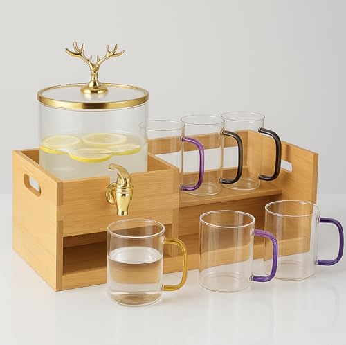 Image of HOMIES 8 Piece Set Glassware, Glass Beverage Dispenser with Reindeer Antler Topper lid, 6 Glasses and Wooden Stand (2600ml+ 270ml) for Party, Kitchen, Home, Restaurant