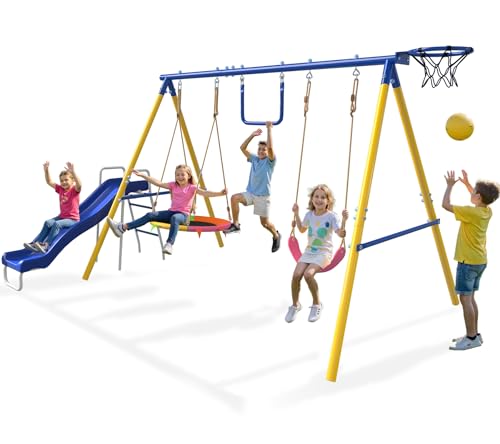 Image of 5-in-1 Kids Swing Set Slide, Saucer, Trapeze, Belt Swing and Basketball Hoop, Heavy Duty 600lbs, Metal Swing Sets for Backyard Ages 3-12