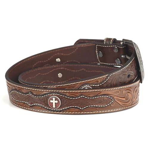 ARIAT Men's Floral Tooled Round Cross Concho Leather Belt4