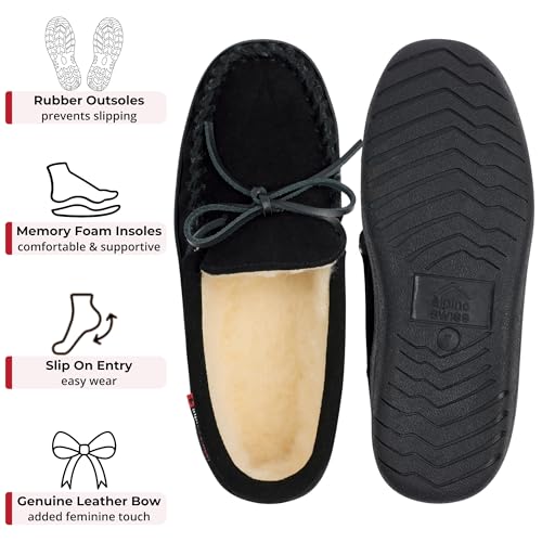 Image of Alpine Swiss Sabine Womens Moccasin Slippers Genuine Suede House Shoe Memory Foam Insole Plush Faux Shearling Fur Indoor Outdoor Anti-Slip Rubber Sole