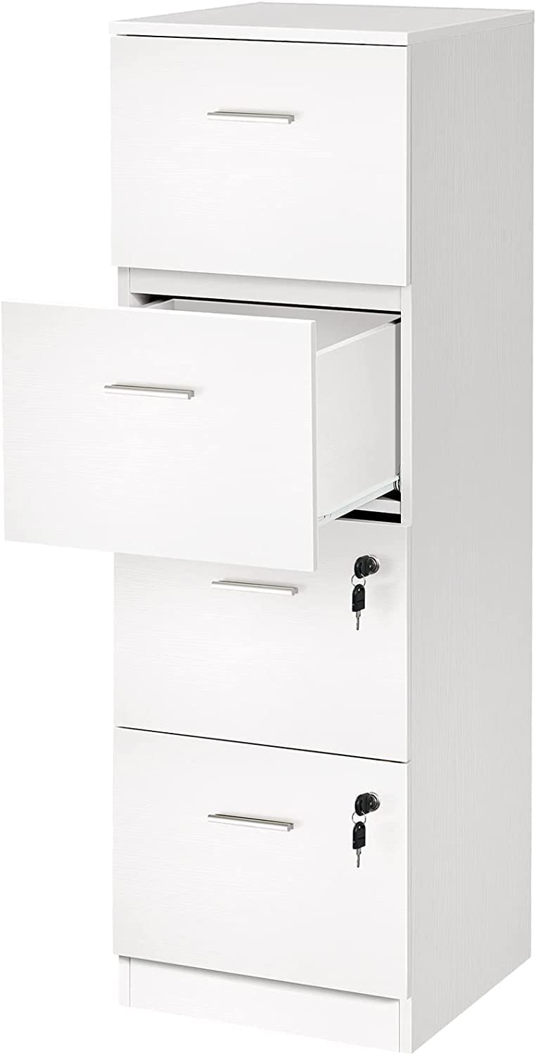 4-Drawer Wood File Cabinet with Lock, 15.86" Deep Vertical Filing Cabinet for Home Office, White