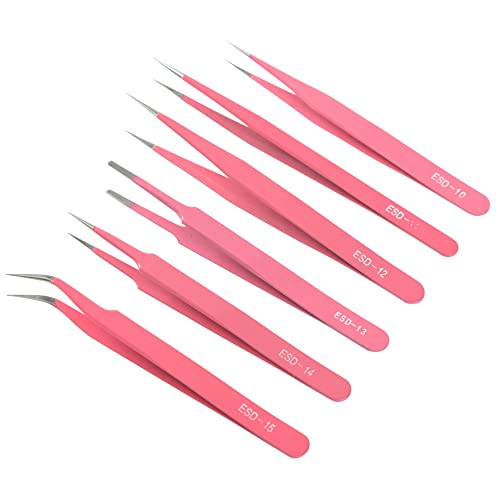 H&W Pink Precision Tweezers 6PCS Set, Upgraded Anti-Static Stainless Steel Curved of Tweezers for Women, for Electronics, Laboratory Work, Jewelry-Making, Craft, with Storage Bag