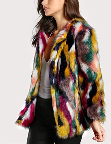 Yimoon Women's Winter Multicolor Faux Fur Coat Long Sleeve Open Front Luxury Colorful Warm Fuzzy Jacket Outwear(Multicolor-Xs) #TOP2