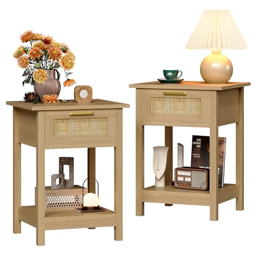 Trironsun Lot de 2 tables de chevet bohème en rotin avec tiroir de rangement et étagère ouverte, poignée dorée, table d'extrémité pour chambre à coucher, salon