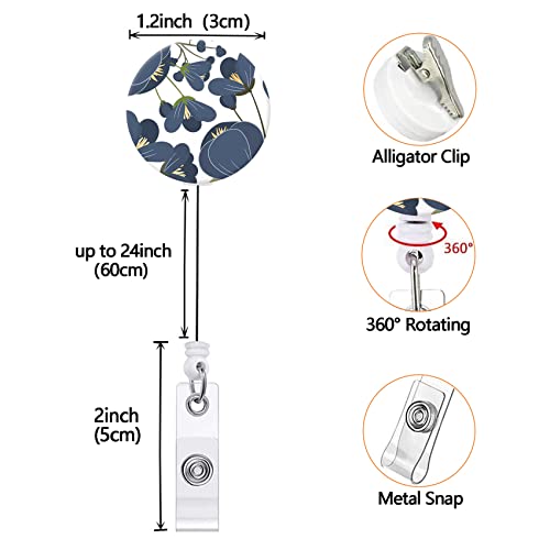 Badge Reel Retractable Nurse Badge Holder Cute Name Decorative Badge Reels With Clip On Id Card Holders (1 Pack Cute Navy Blue Floral) #TOP1