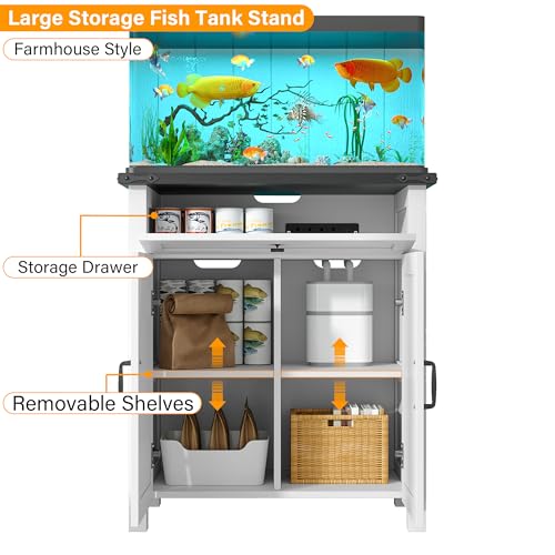 kepptory 20 Gallon Fish Tank Stand with Power Outlets, Farmhouse Decorative Aquarium Stand Furniture with Adjustable Shelves and Storage Cabinet, 10 Reptile Turtle Tank Stand (White, 20GL)