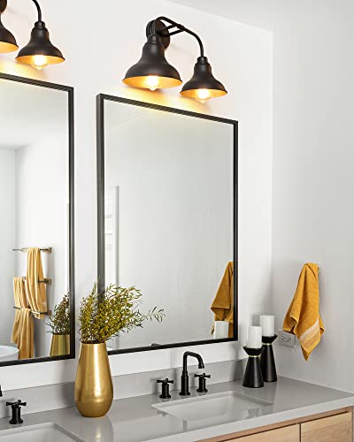 Image of 18-Inch 2-Light Farmhouse Bathroom Vanity Light Over Mirror, Black | Rustic industrial style, metal construction, 2 E26 sockets, 60W max each, dimmable, 7.08 in. shades, bathroom mirror, bedroom