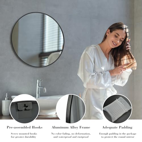 Image of Sweetcrispy 20 Inch Round Wall Mirror with Tempered Glass, Bathroom Mirror Over Sink, Anti-Fog & Waterproof Round Mirrors for Bathroom, Entryway, Bedroom, Shatterproof Design, Black