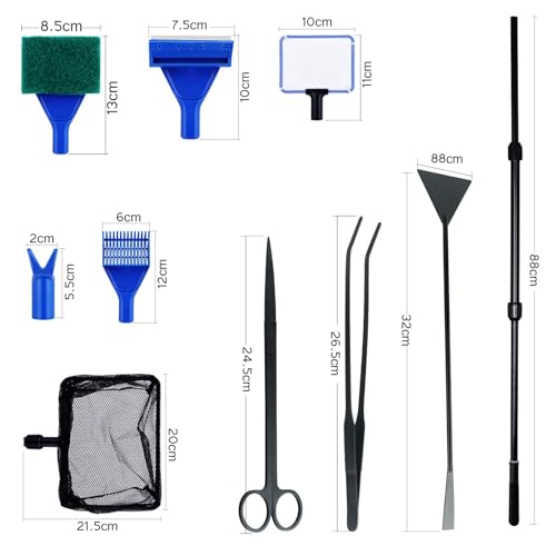 Moendergo 9-in-1 Aquarium-Reinigungswerkzeug-Set, Fischnetz, Kiesrechen, Pflanzengabel, Schaber, Schwamm und Edelstahl-Aquarium-Werkzeug-Set, Aquarium-Reiniger, Aquascape Wasserpinzette, Schaber-Set