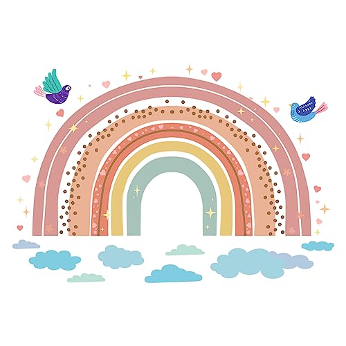 SUPERDANT Cartoon Boho Rainbow Wall Sticker Birds Wall Decal Colorful Rainbow Heart Vinyl Wallpaper Rainbow Decals for Girls Baby Nursery Bedroom Playroom Home Decoration