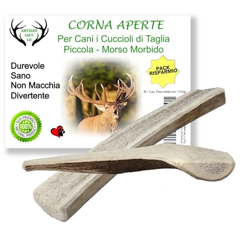 ARTISAN GIFT CO Os Corni di Cervo Aperto per Cuccioli e Cani con un Morso Delicato, peso minimo Confezione 102gr. (M - 2 pz.)