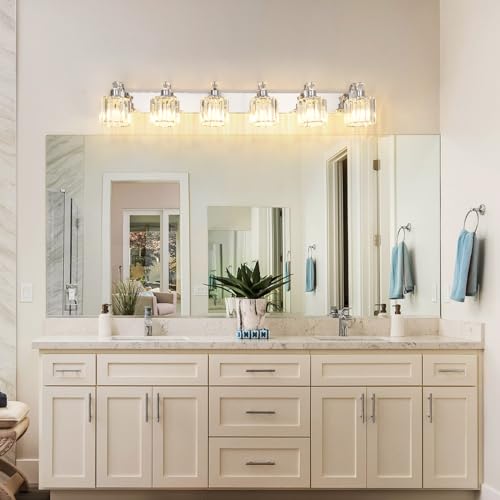 Image of GAOMON LED Modern Crystal Bathroom Vanity Lights Over Mirror, Chrome Bathroom Light Fixtures Wall Light (6-Light)