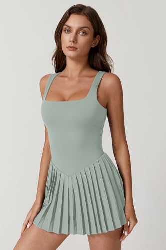 Image of QINSEN Womens Square Neck Tennis Dress Pleated Sleeveless Built in Shorts Golf Athletic Dress with Pockets
