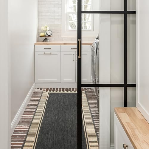 nuLOOM 2' x 8' Outdoor Area Rug, Casual Design With Striped Border, Stain Resistant, Highly Durable, For Patio, Balcony, Bedroom, Living Room, Dining Room, Bathroom, Dark Grey
