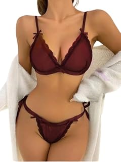 طقم لانجري دانتيل بتصميم شبكي شفاف مزين بفيونكة من مانيكان، طقم من قطعتين