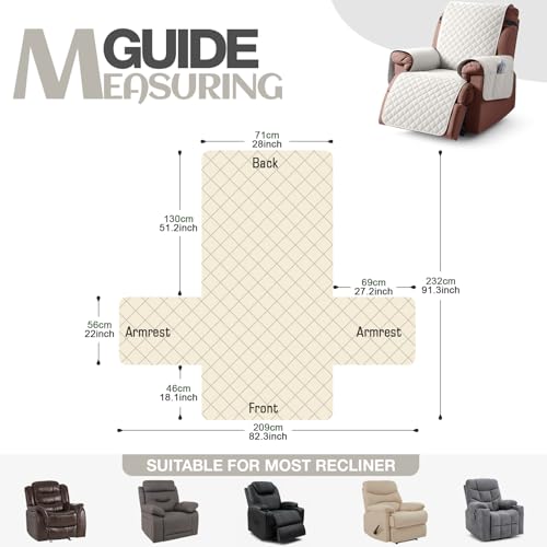 Image of KinCam 100% Waterproof Recliner Chair Cover, Reclining Couch Covers for Pets, Dogs, Recliner Couch Slipcover Furniture Protector with Elastic Straps for Kids(28 inch, Beige)