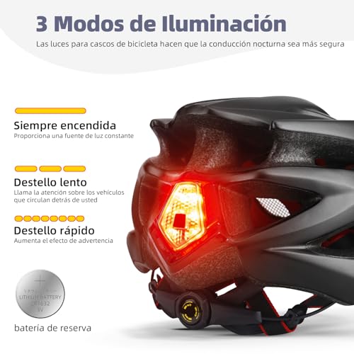 Casco de ciclismo con luz LED, de A-Best, casco integral especializado con luz de seguridad, visera y forro extraíbles, para adulto, negro - imagen 3