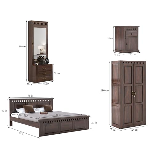 Image of SONA ART & CRAFTS Kuber Solid Sheesham Wood Bedroom Set | King Size Bed Without Storage, Wardrobe, Dressing Table & Two Bedside Tables - Walnut Finish (Assembly Included)