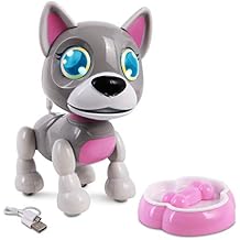 NKOK USB PetBotz - Robo Puppy, Rechargeable, Miniature, Interactive pet Robot, Lights up, Sound Activated, Makes Noises on Command, with pet Bowl and Bone, USB Charger Included