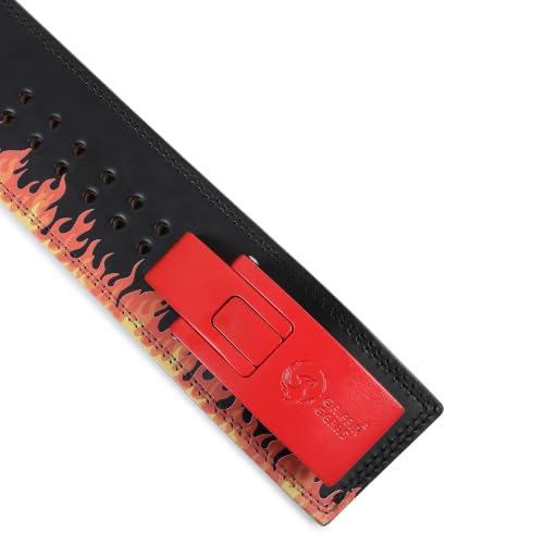 Image of 13MM UV Print Designer Lever Gym Belt | Custom Powerlifting Belt | 100% Full Grain Genuine Leather | IPF Standard | Warm Fire Belt with Red Buckle | Size Medium