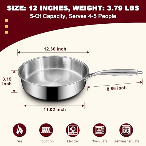 Image of EWFEN 12 Inch Tri-Ply Stainless Steel Frying Pan, Compatible with All Cooktops Up to 600℉, Large Frying Pan Induction-Ready Skillet, Dishwasher and Oven Safe, Even Heat