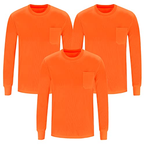A-SAFETY Long Sleeve Hi-Vis Safety T-Shirt with Sun Protection Lightweight Work Shirts 3 Pack Orange Large