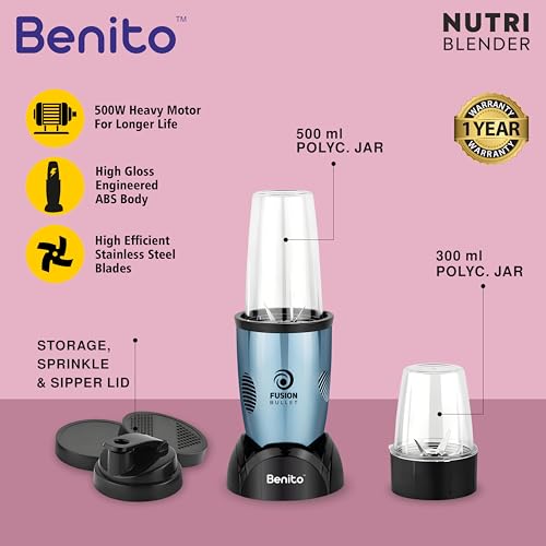 Image of Benito FUSION Bullet 500W Nutri Mix Grinder with 2 Jars | Compact ABS Body with Premium Motor | All-in-One Mixer for Smoothies, Spice, Juices & More | Blue | 1 Years Warranty