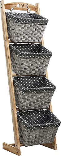 Torre de almacenamiento vertical de 4 niveles de mimbre gris 35,5x28x122 cm