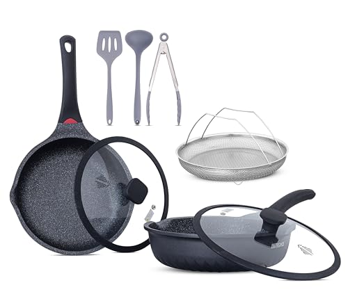 Frying Pan Set, Non Stick Cookware Set, Extra Deep, Anti Scratch, Ceramic Coated, Chemical Free, Induction Compatiable, Heat Sensor Handle, with Utencils 10 Pieces Set