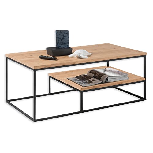 THORE 2 Couchtisch Massivholz Eiche - Hochwertiger Sofatisch mit praktischer Ablage und schwarzem Metallgestell - 110 x 42 x 60 cm (B/H/T)