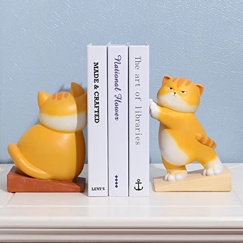 Hyjeryty Cat Bookends For Kids, Lovely Resin Decorative Cartoon Cat Bookends Door Stopper, Cool Bookends For Heavy Books, Unique Book Holders With Anti-Slip Base (Big Orange) #TOP4