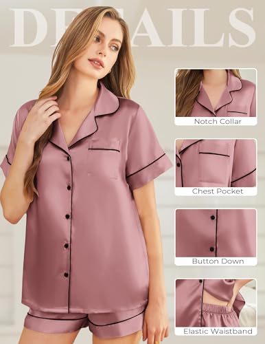 Image of Silk Pajamas for Women Short Sleeve Sleepwear Soft Button Down Loungewear 2 Piece Satin Pjs Shorts Set S-XXL