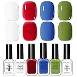 Nailshion Classic Red Green Blue White Nail Polish Set with Clear Base & Top Coat, DIY French Nail Polishes Clear Nail Polish for All Seasons, Rich in Castor Oil, Quick Dry Non-Gel