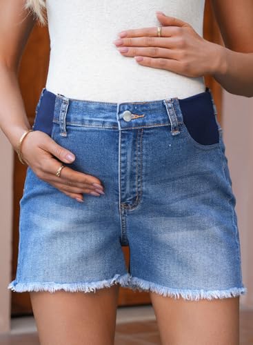 BLENCOT Women's Denim Shorts Plus Size Maternity Jeans Mid Waisted Frayed Hem Stretchy Summer Shorts Comfy Pregnancy Clothes for Women Beau Blue XL — view 3